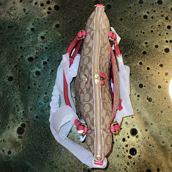 Coach Peyton Signature Convertible Shoulder Bag Tote Handbag F24601 Khaki & Red - Picture 12 of 16